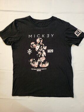 Disney Mickey Mouse Floral Graphic T-Shirt Black Short Sleeve Youth Tee Used
